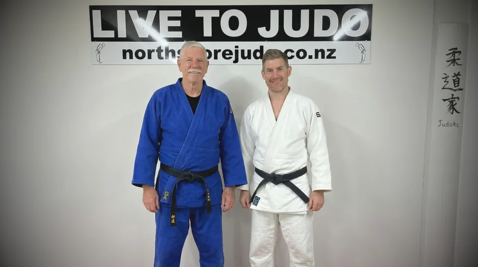 North Shore Judo coaches Simon Greenhill and Doug in the dojo
